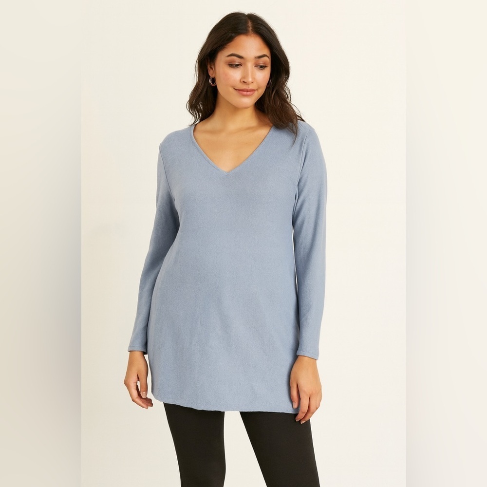 J Jill Blue Lightweight V-Neck Tunic Sweater Size Medium Cotton Blend Silk Wool